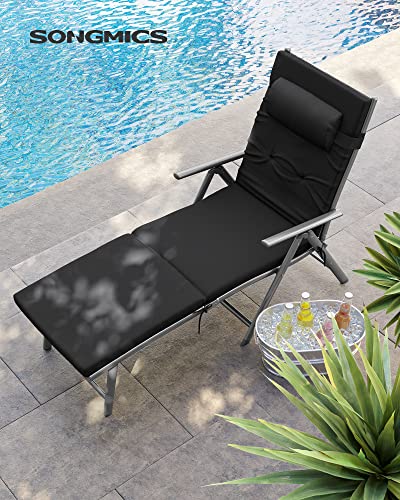 Foldable Sun Lounger, Sunbed with 6 cm Mattress, Removable Headrest, Rustproof Aluminium, Breathable, Comfortable, Reclinable, Max. Load Capacity 150 kg, Black