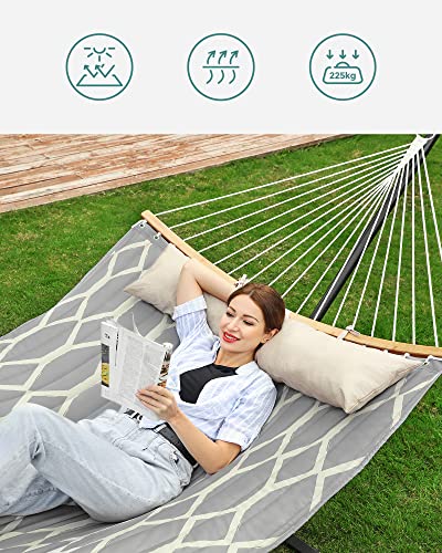 Hammock, Quilted Fabric Hammock with Detachable Curved Bamboo Spreaders, Pillow, 200 x 140 cm, Load Capacity 225 kg, Grey and Beige Rhombus