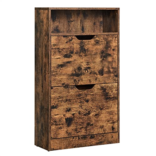 Shoe Cabinet with 2 Flaps, Shoe Rack with an Open Shelf, Melamine Veneer, Easy to Clean, 60 x 24 x 102 cm, Rustic Brown