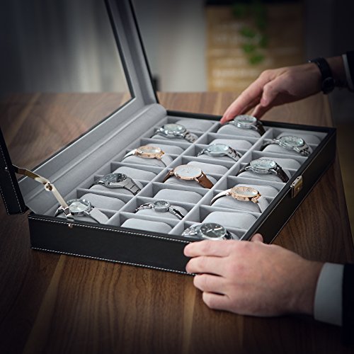 Watch Box, Lockable Watch Case, Watch Storage Box with 24 Slots, Glass Lid, Gift for Loved Ones, Black Synthetic Leather, Grey Lining