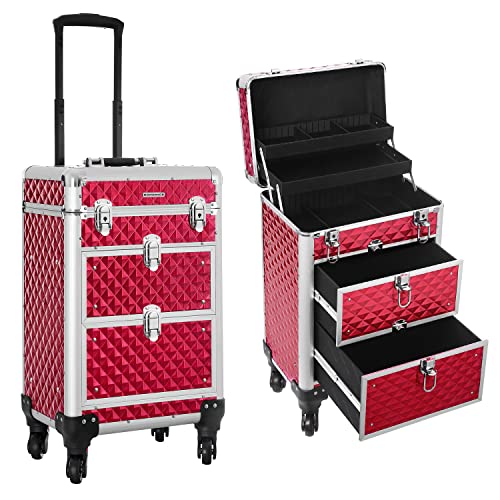 Travel Accessories Rolling Trolley Cosmetic Case ABS Red 34 x 27 x 57 cm