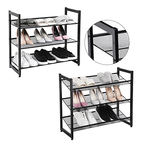 3-Tier Shoe Rack Storage, Steel Mesh, Flat or Angled Stackable Shoe Shelf Stand for 9 to 12 Pairs of Shoes, Black