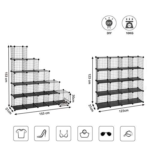 16 Cube Metal Wire Storage Organiser, DIY Closet Cabinet and Modular Shelving Grids, Wire Mesh Shelves and Rack, Black