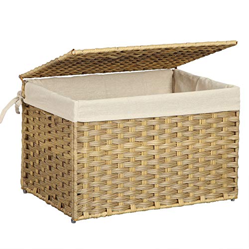 Rattan-Style Storage Box, Indoor Storage Basket, 65L Landry Hamper, Decorative Bin with Lid Liner Handles, Storage Trunk, Rectangular, Bedroom Closet Laundry Room, Natural