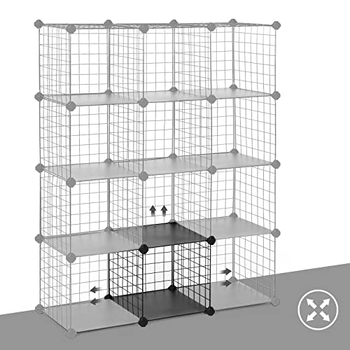 12 Cubes Wire Grid Storage Rack, Interlocking Shelving Unit with Metal Mesh Shelves and PP Plastic Sheets, for Books Shoes Toys Clothes Tools, in Living Room Bathroom, Black