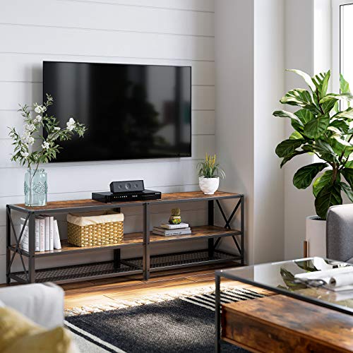 TV Stand, TV Table for TV up to 70 Inches, with Shelves, Steel Frame, Living Room, Bedroom Furniture, Rustic Brown and Black