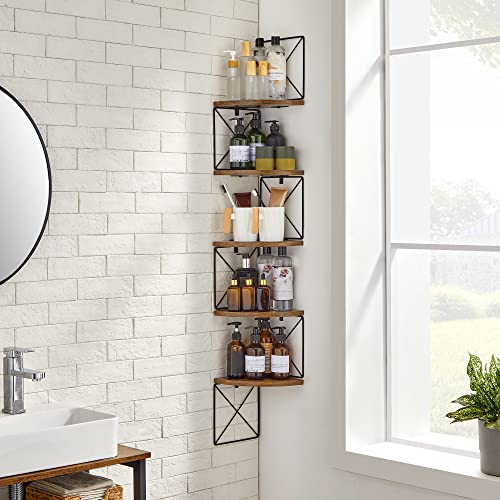 Corner Shelf Wall Mounted, Floating Shelf 5 Tier, Book Shelf, for Bedroom Living Room Bathroom Kitchen Office, Easy Assembly, Industrial, Rustic Brown and Black