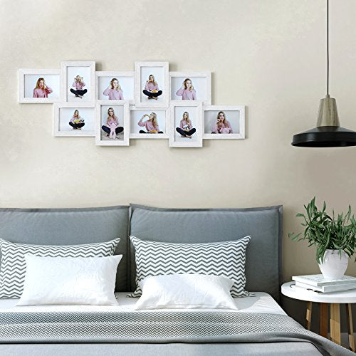 Photo Frame Collage for 10 Photos in 4" x 6" (10 x 15 cm) Picture Frame Wall Mounted, Assembly Required, White Wood Grain