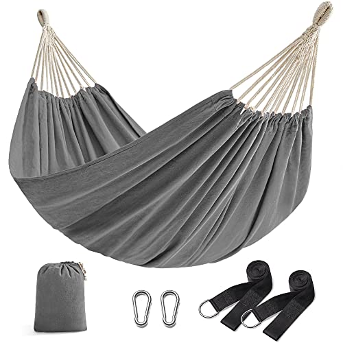 Hammock, 210 x 150 cm, Double Hammock, 300 kg Load Capacity, for Terrace, Balcony, Garden, Outdoor, Camping, with Carry Bag, Fastening Straps and Carabiners, Grey