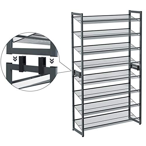 8-Tier Shoe Rack, Set of 2 Stackable 4-Tier Shoe Organisers, Steel Mesh Shoe Shelf Storage, Adjustable Flat or Angled Shelves, Cool Grey