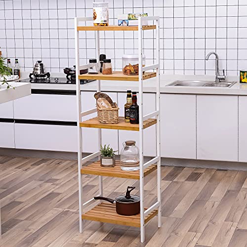 5-Tier Bamboo Storage Rack for Bathroom, Kitchen, Bedroom, 31.5 x 45 x 142 cm, Natural and White