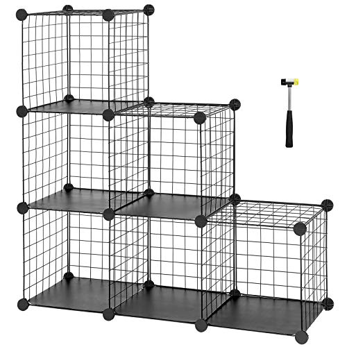 6-Cube Metal Wire Storage Rack, Interlocking Shelving Unit with Metal Wire Shelves, PP Plastic Sheets for Book Shoes Toys Clothes Tools, in Living Room, 93 x 31 x 93 cm, Black