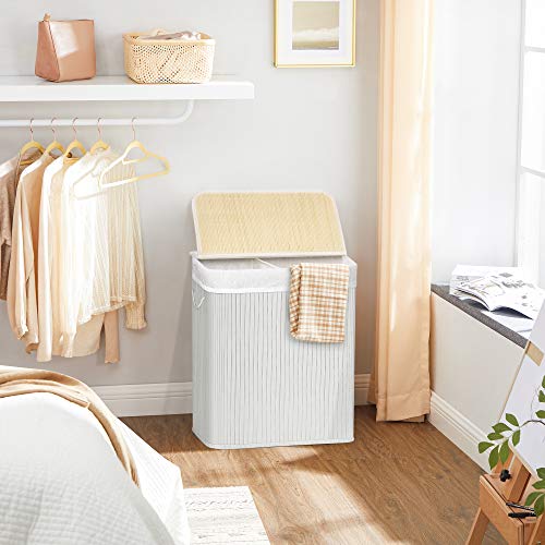 Divided Laundry Basket with Lid, Bamboo Laundry Hamper with 2 Sections, Removable Liners, Cotton Handles, 100L Storage Capacity, for Laundry Room, Bedroom, White