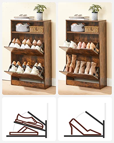 Shoe Cabinet with 2 Flaps, Shoe Rack with an Open Shelf, Melamine Veneer, Easy to Clean, 60 x 24 x 102 cm, Rustic Brown