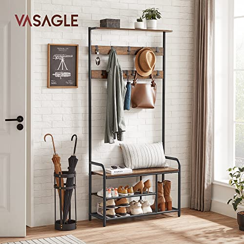 Coat Rack with Shoe Bench, 9 Removable Hooks, Top Shelf for Entrance, Hallway, Bedroom, Rustic Brown and Black