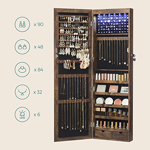 Jewellery Cabinet Armoire, Lockable Wall-Mounted Storage Organiser Unit for Necklace Earring, with Mirror and Various Compartments, Rustic Brown