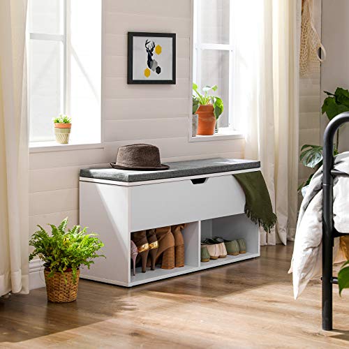 Shoe Bench, Storage Bench with 2 Open and 1 Closed Compartments, Shoe Shelf, Padded Seat, for Entrance Corridor Bedroom, 100 x 30 x 48 cm, White