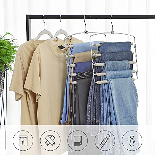 Trousers Hangers, Set of 3 Space-Saving Multi-Bar Metal Pants Hangers, Stable with Non-Slip Padding, Swing Bars for 5 Jeans Each, Suit Pants, Scarves, Ties, Grey and Silver