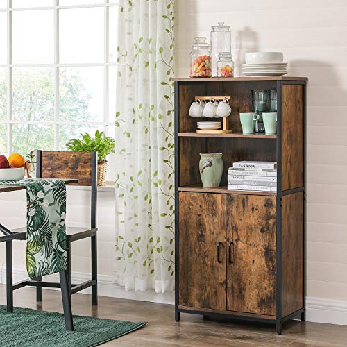 Floor Standing Cabinet, Storage Cabinet, Kitchen Cupboard with 2 Open Compartments, 1 Adjustable Shelf Behind Doors, Multifunctional, Industrial Style, Rustic Brown and Black