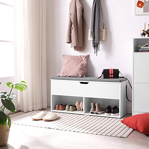 Shoe Bench, Storage Bench with 2 Open and 1 Closed Compartments, Shoe Shelf, Padded Seat, for Entrance Corridor Bedroom, 100 x 30 x 48 cm, White