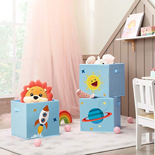 Storage Boxes, Set of 3, Toy Organiser Boxes, Foldable Storage Cubes with Two Handles, for Kid’s Room, Playroom, Bedroom, 30 x 30 x 30 cm, Space Theme, Blue 