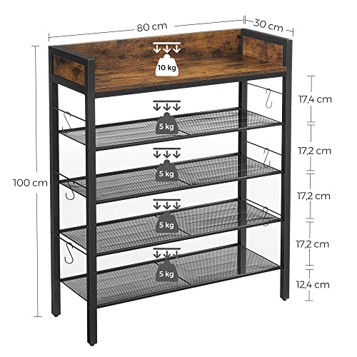 Shoe Rack Storage Organiser, with Raised Edges, 4 Mesh Shelves, Holds up to 14 Pairs of Shoes, for Sneakers, High Heels, Slippers, Industrial, Rustic Brown and Black