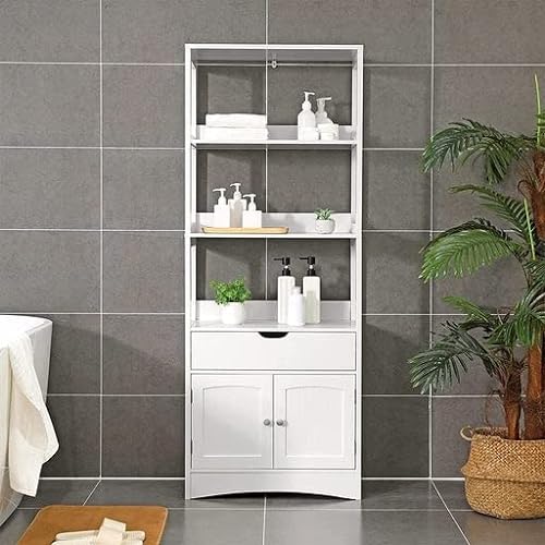 Bathroom Storage Cabinet, Tall Cabinet, Free Standing Bookshelf, with 3 Open Shelves, 1 Drawer and 1 Cupboard, 60 x 32.5 x 154 cm, for Entryway, Kitchen, Study Room, White