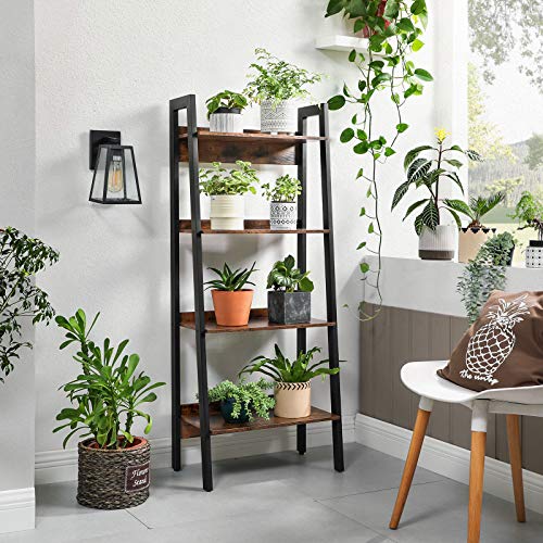 Ladder Shelf, 4-Tier Home Office Bookshelf, Freestanding Storage Shelves, for Living Room Bedroom Kitchen Balcony, Metal Frame, Easy to Assemble, Industrial, Rustic Brown and Black