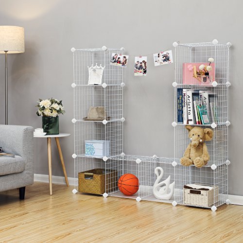 12 Cubes Wire Grid Storage Rack, Interlocking Shelving Unit with Metal Mesh Shelves and PP Plastic Sheets, for Books Shoes Toys Clothes Tools, in Living Room Bathroom, White