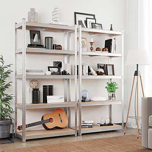 5-Tier Shelving Units, Set of 2 Steel Shelving Units for Storage, Tool-Free Assembly, for Garage, Shed, Load Capacity 600 kg, 50 x 100 x 200 cm, Silver