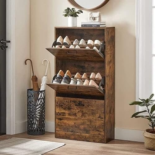 Shoe Cabinet With 3 Flip Doors, 3-Tier Wooden Storage Cupboard, Perfect for Narrow Entrance, Hallway, Living Room, Bedroom, 60 x 24 x 120 cm (L x W x H), Rustic Brown