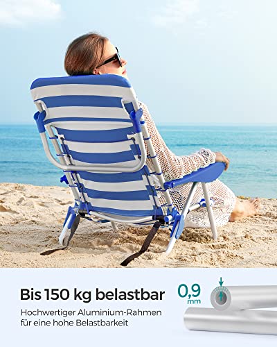 Beach Chair, Folding Camping Chair, Portable Outdoor Chair, Carry as a Backpack, with Adjustable Backrest, Headrest, Armrest, 2 Side Pockets, Blue and White