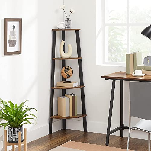 Corner Shelf, 4-Tier Industrial Storage Rack, Ladder Bookcase, Organiser Unit for Home, Living Room, Bedroom, Balcony, Rustic Brown and Black