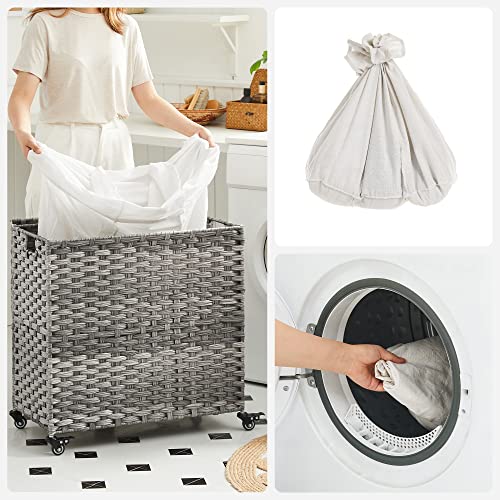 Laundry Basket, Handwoven Laundry Hamper, 140L Rattan-Style Washing Basket with 3 Compartments, Removable Liner, Handles, Lid, Living Room, Bathroom, 66 x 33 x 60 cm, Grey