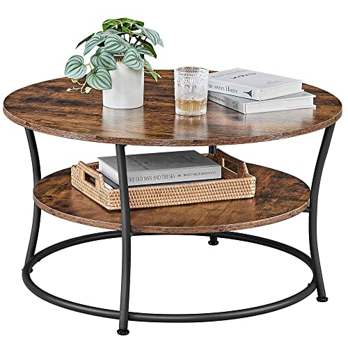 Coffee Table, Round Cocktail Table With Shelf, Tea Table, Easy Assembly, Metal, Industrial Design, Rustic Brown