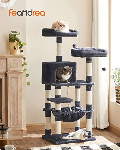 Cat Tree, Stable Cat Tower, 2 Plush Perches, 143cm, Smoky Grey