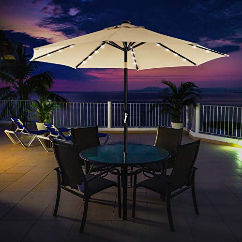 3 m Garden Parasol Umbrella with Solar-Powered LED Lights, Sunshade with UPF 50+ Protection, Tilting, Crank Handle for Opening Closing, Base Not Included, Beige