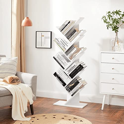 Tree Bookshelf, 8 Tier Floor Standing Bookcase with Wooden Shelves for Living Room, Home Office, White