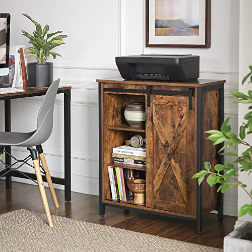 Sideboard, Küchenschrank mit Schiebetür und verstellbaren Regalebenen, Badezimmerschrank, Wohnzimmer, Flur, Küche, Homeoffice, Stahlgestell, Industriestil, vintagebraun-schwarz