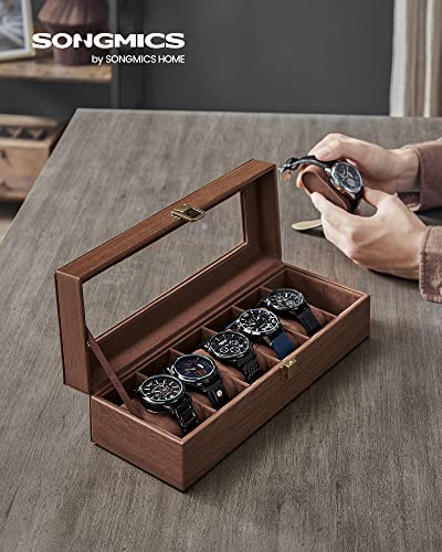 Watch Box with 6 Slots, Watch Case with Glass Lid, Velvet Watch Pillows, Watch Holder with Clasp, 11.2 x 30 x 8 cm, Gift Idea, Brown Synthetic Leather, Brown Lining