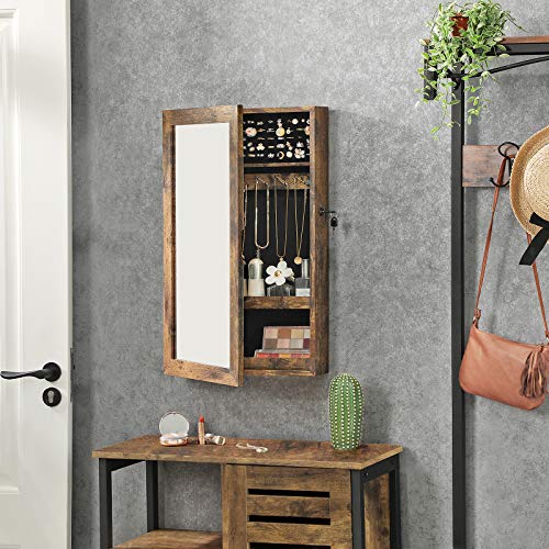 Wall-Mounted Jewellery Cabinet, Lockable Jewellery Armoire with Mirror, Space-Saving Jewellery Organiser, Rustic Brown