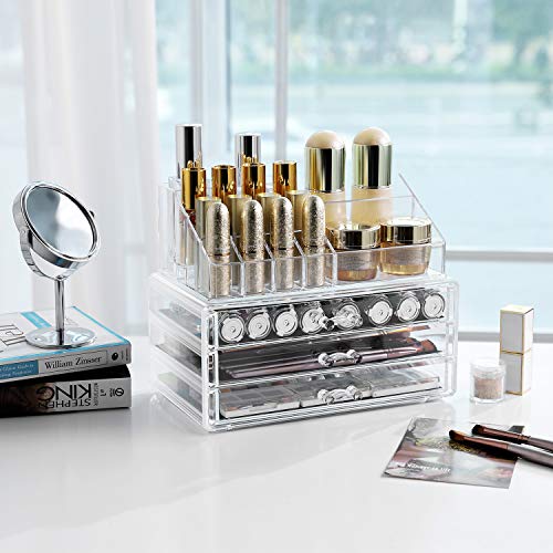 Makeup Organiser, 2-Piece Set Makeup Box, Cosmetic Organiser with 3 Drawers and 15 Various Compartments, for Lipsticks, Brushes, Transparent