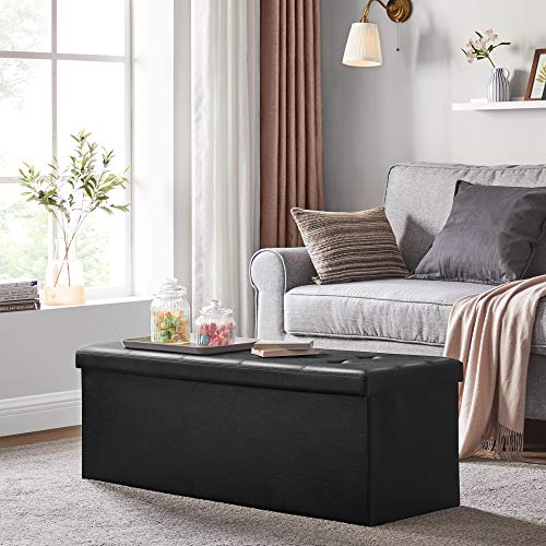 43 Inches Folding Storage Ottoman Bench, Storage Chest, Footrest, Coffee Table, Padded Seat, Faux Leather, Holds up to 660 lb, Black U