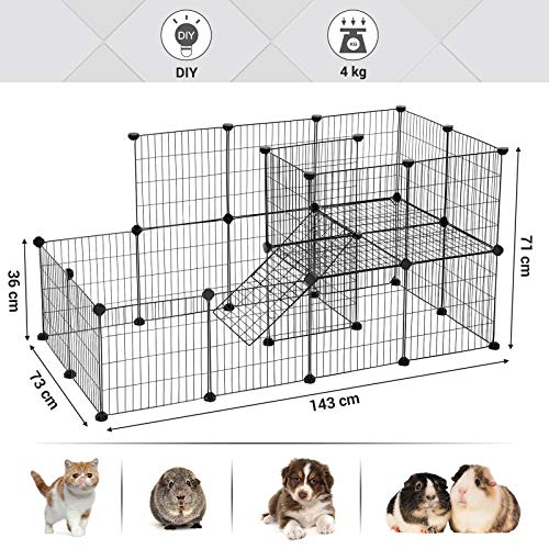 Guinea Pigs Cage, Metal Mesh Pet Playpen with Door, Customisable Fence for Small Animal, Rabbit, for Indoor Use, with Rubber Mallet, 143 x 73 x 71 cm Black