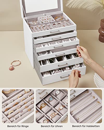 Jewellery Box, Jewellery Organiser, Large Jewellery case, with 6 Layers and 5 Drawers, White