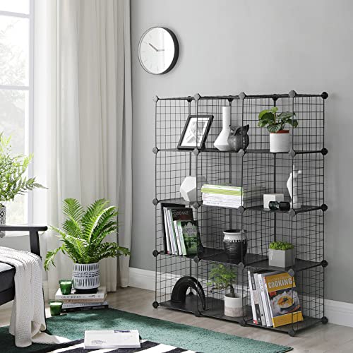 12 Cubes Wire Grid Storage Rack, Interlocking Shelving Unit with Metal Mesh Shelves and PP Plastic Sheets, for Books Shoes Toys Clothes Tools, in Living Room Bathroom, Black