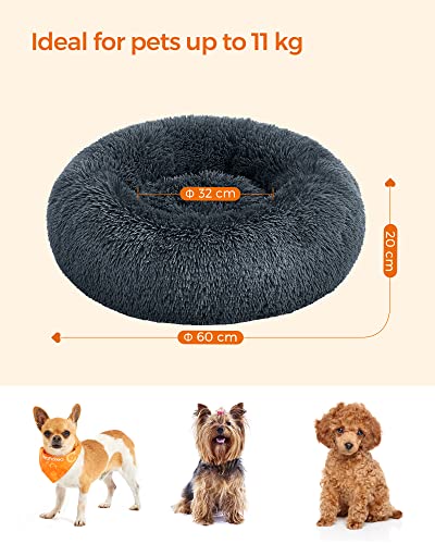 Dog Bed, Donut Cat Bed, Fluffy Calming Pet Bed with Removable, Washable Cover, Soft Long Plush, 60 cm, Dark Grey