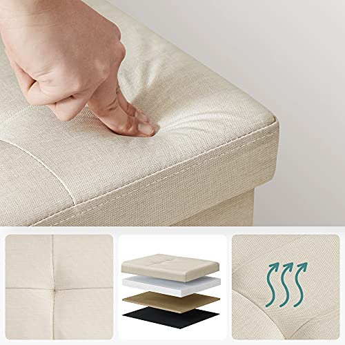 Foldable Storage Ottoman, Tufted Bench, Foot Stool with Lid, Imitation Linen Fabric, 120L, Hold Up to 300 kg, 110 x 38 x 38 cm (L x W x H), Beige