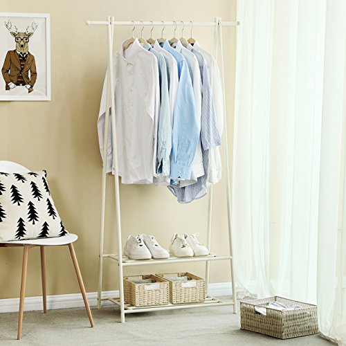 Coat Rack, Coat Stand, Clothes Rack with 2-Tier Storage Shelf for Shoes and Baskets, Metal Frame, Space-saving, Ideal for Bedroom, Entryway, Office and More, White