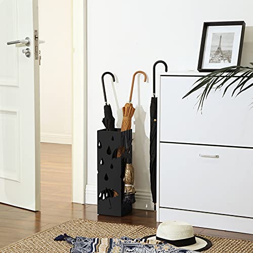 Metal Umbrella Stand, Square Umbrella Holder with Drip Tray and 4 Hooks, 15.5 x 15.5 x 49 cm, Black